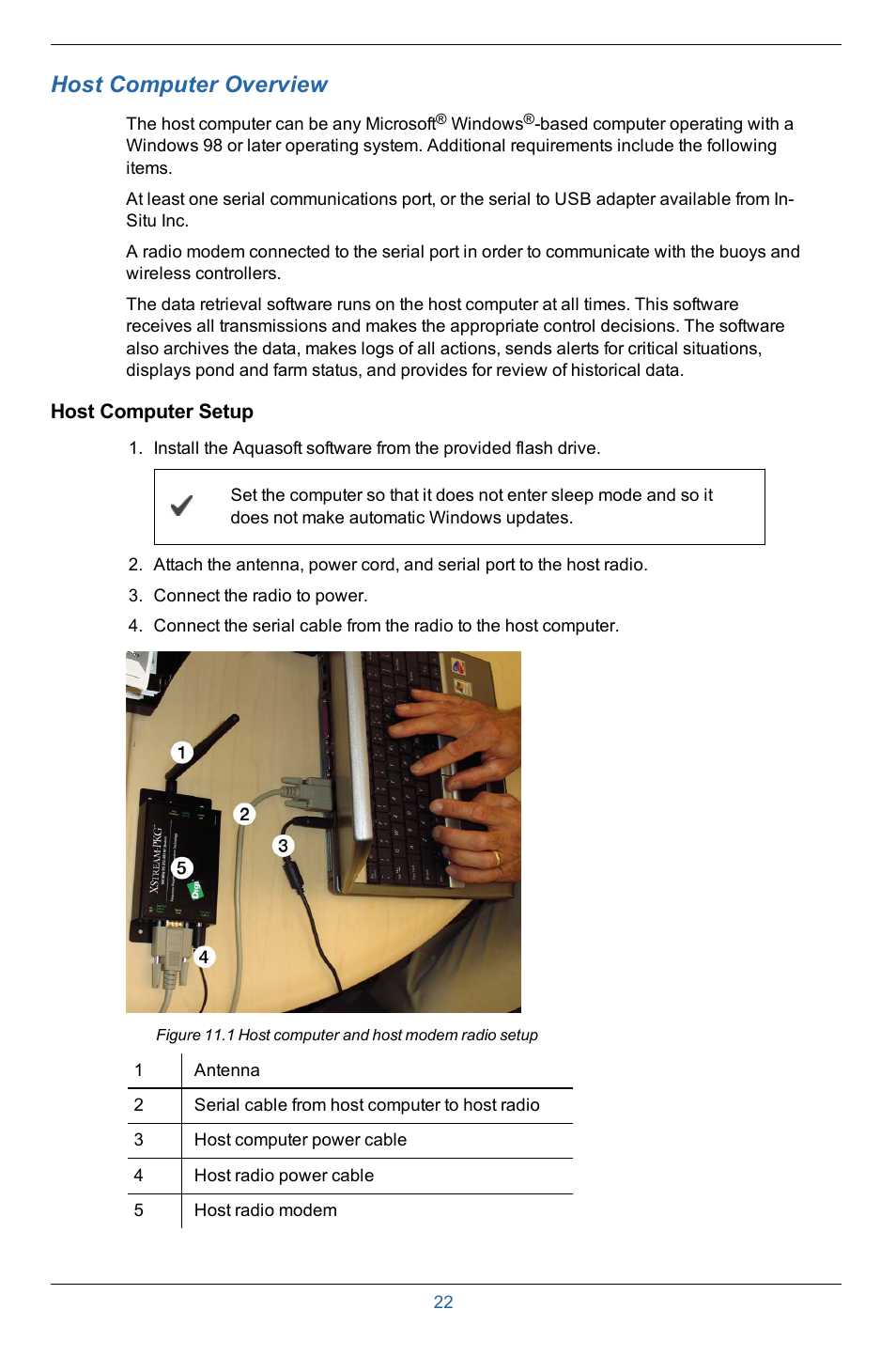 6 host computer overview, Host computer setup, Host computer overview | In-Situ Aquaculture Buoy Manual (purchased after 28 May 2013) User Manual | Page 22 / 40