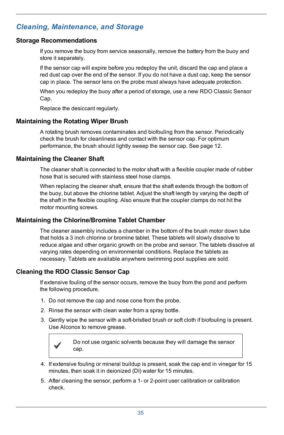 8 cleaning, maintenance, and storage, Storage recommendations, Maintaining the rotating wiper brush | Maintaining the cleaner shaft, Maintaining the chlorine/bromine tablet chamber, Cleaning the rdo classic sensor cap, Cleaning, maintenance, and storage | In-Situ Aquaculture Buoy Manual (purchased after 28 May 2013) User Manual | Page 35 / 40