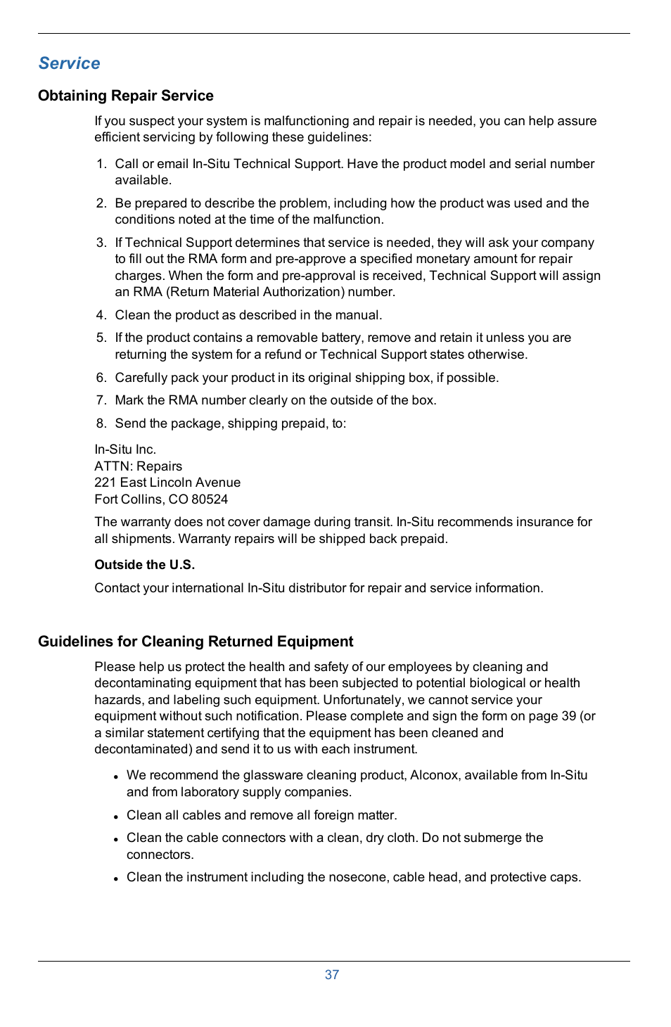 9 service, Obtaining repair service, Guidelines for cleaning returned equipment | Service | In-Situ Aquaculture Buoy Manual (purchased after 28 May 2013) User Manual | Page 37 / 40