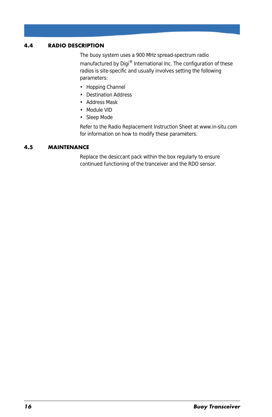 4 radio description, 5 maintenance, 4 radio description 4.5 maintenance | In-Situ Aquaculture Buoy Manual (purchased before 28 May 2013) User Manual | Page 16 / 34