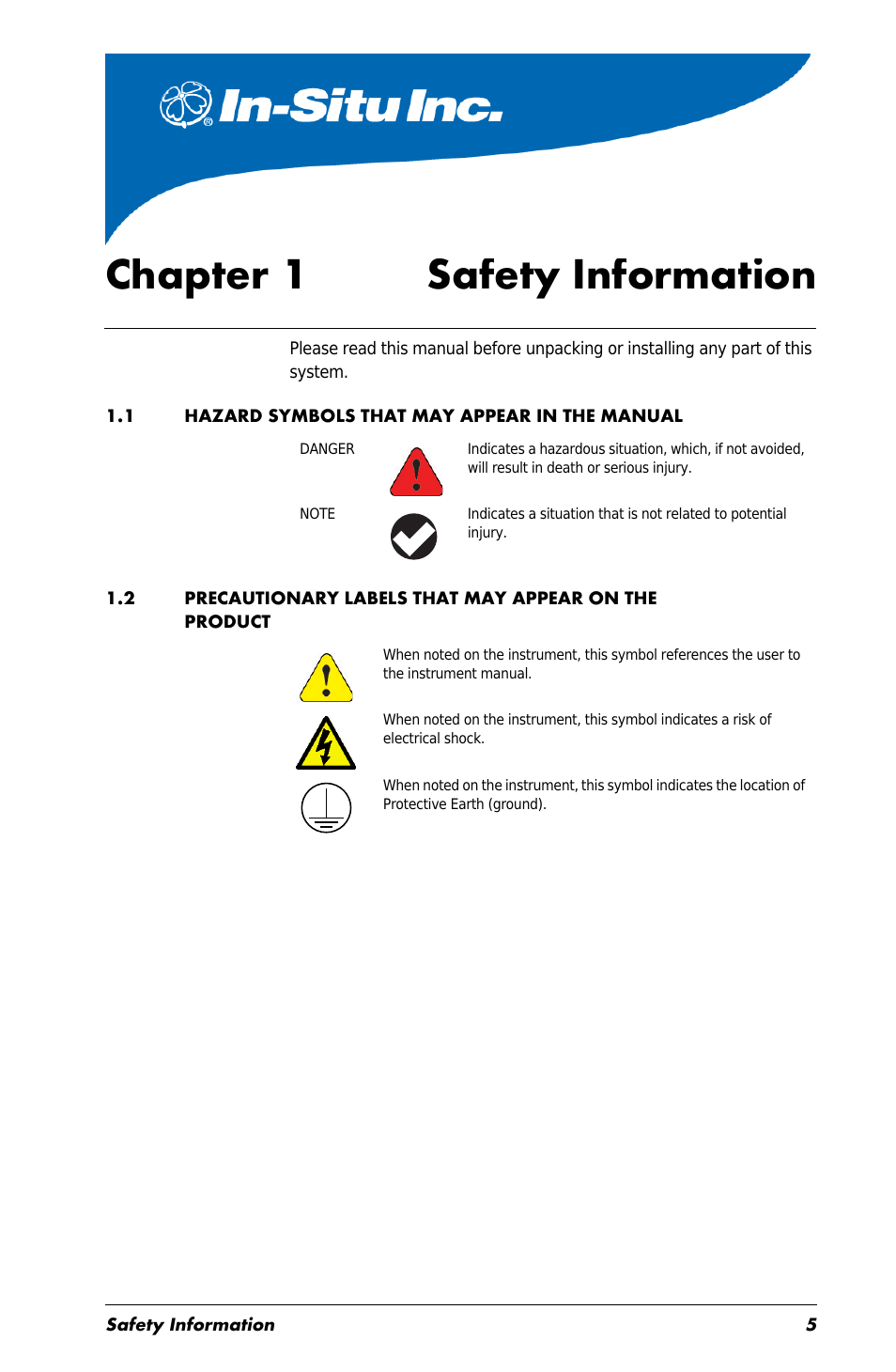 Chapter 1 safety information, 1 hazard symbols that may appear in the manual, Chapter 1 | In-Situ Aquaculture Buoy Manual (purchased before 28 May 2013) User Manual | Page 5 / 34