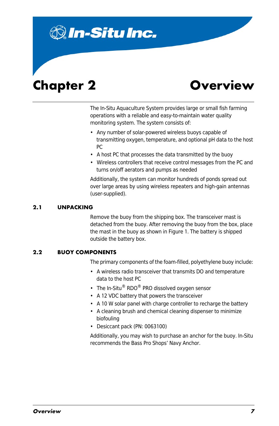 Chapter 2 overview, 1 unpacking, 2 buoy components | Chapter 2, Overview, 1 unpacking 2.2 buoy components | In-Situ Aquaculture Buoy Manual (purchased before 28 May 2013) User Manual | Page 7 / 34