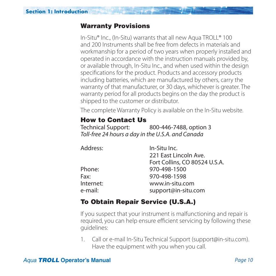 Warranty provisions, How to contact us, To obtain repair service (u.s.a.) | In-Situ Aqua TROLL 100 and 200 Operators Manual User Manual | Page 10 / 94