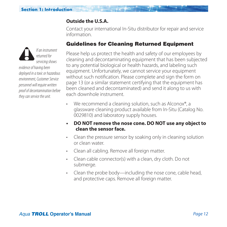 Guidelines for cleaning returned equipment | In-Situ Aqua TROLL 100 and 200 Operators Manual User Manual | Page 12 / 94