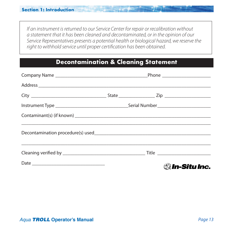 Decontamination & cleaning statement | In-Situ Aqua TROLL 100 and 200 Operators Manual User Manual | Page 13 / 94