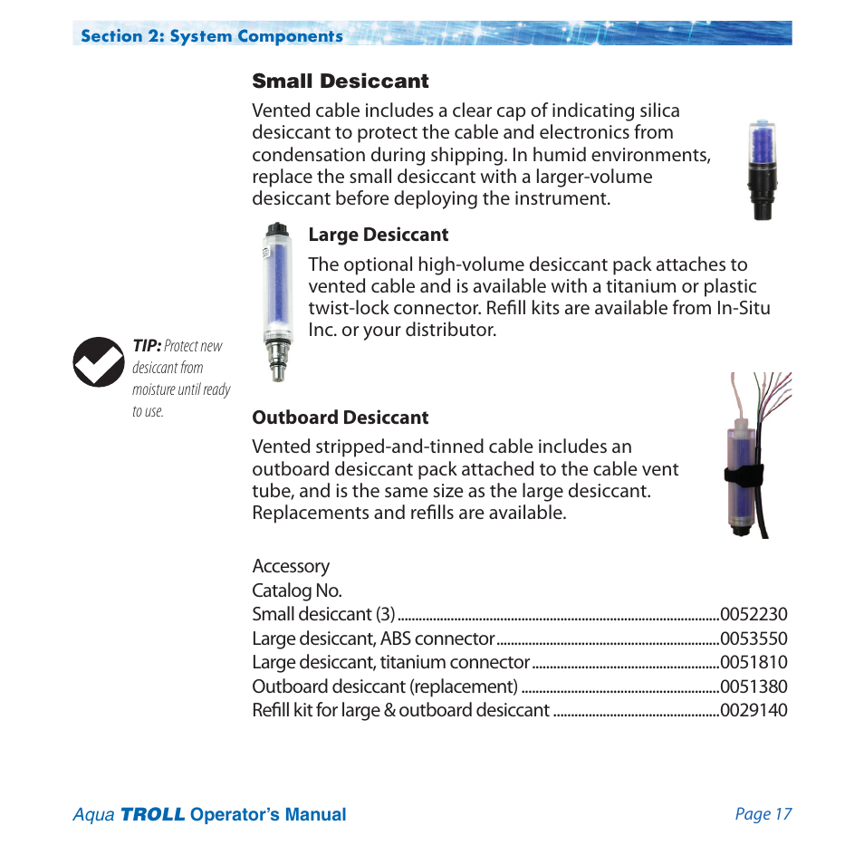 Small desiccant | In-Situ Aqua TROLL 100 and 200 Operators Manual User Manual | Page 17 / 94