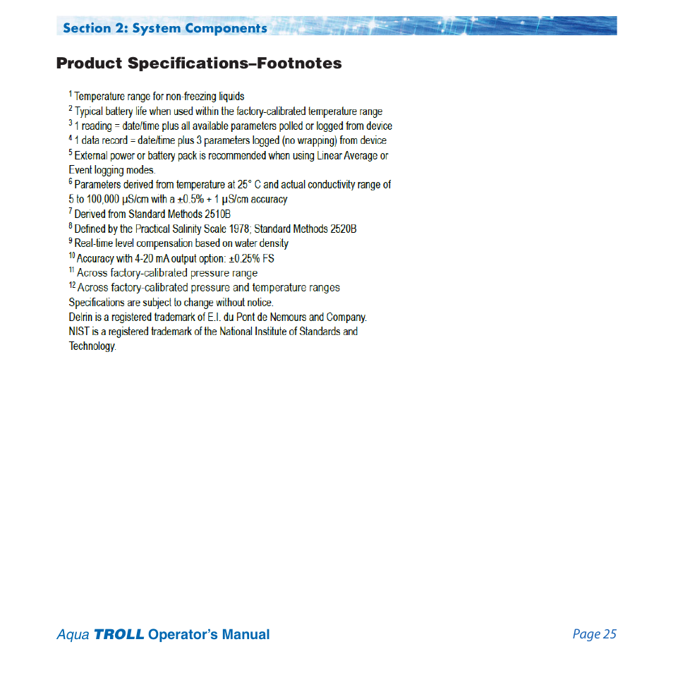 Product specifications–footnotes | In-Situ Aqua TROLL 100 and 200 Operators Manual User Manual | Page 25 / 94