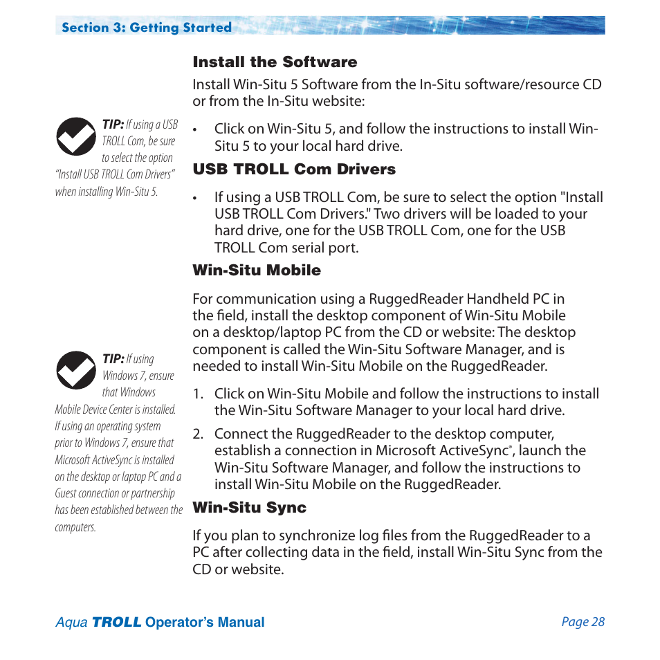 Install the software, Usb troll com drivers, Win-situ mobile | Win-situ sync | In-Situ Aqua TROLL 100 and 200 Operators Manual User Manual | Page 28 / 94