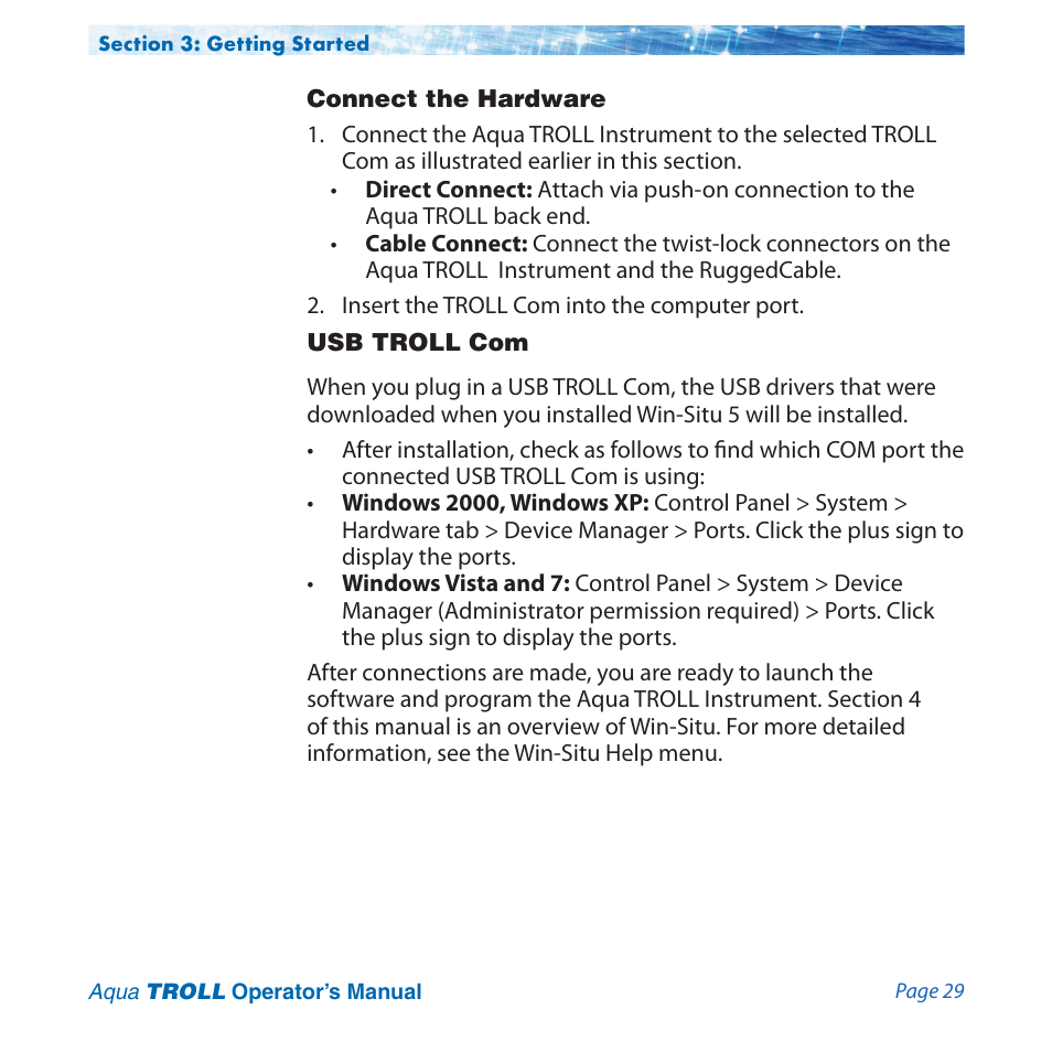 Connect the hardware, Usb troll com | In-Situ Aqua TROLL 100 and 200 Operators Manual User Manual | Page 29 / 94
