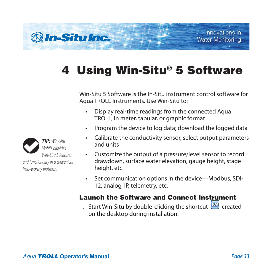 4 using win-situ, 5 software, Launch the software and connect instrument | In-Situ Aqua TROLL 100 and 200 Operators Manual User Manual | Page 33 / 94