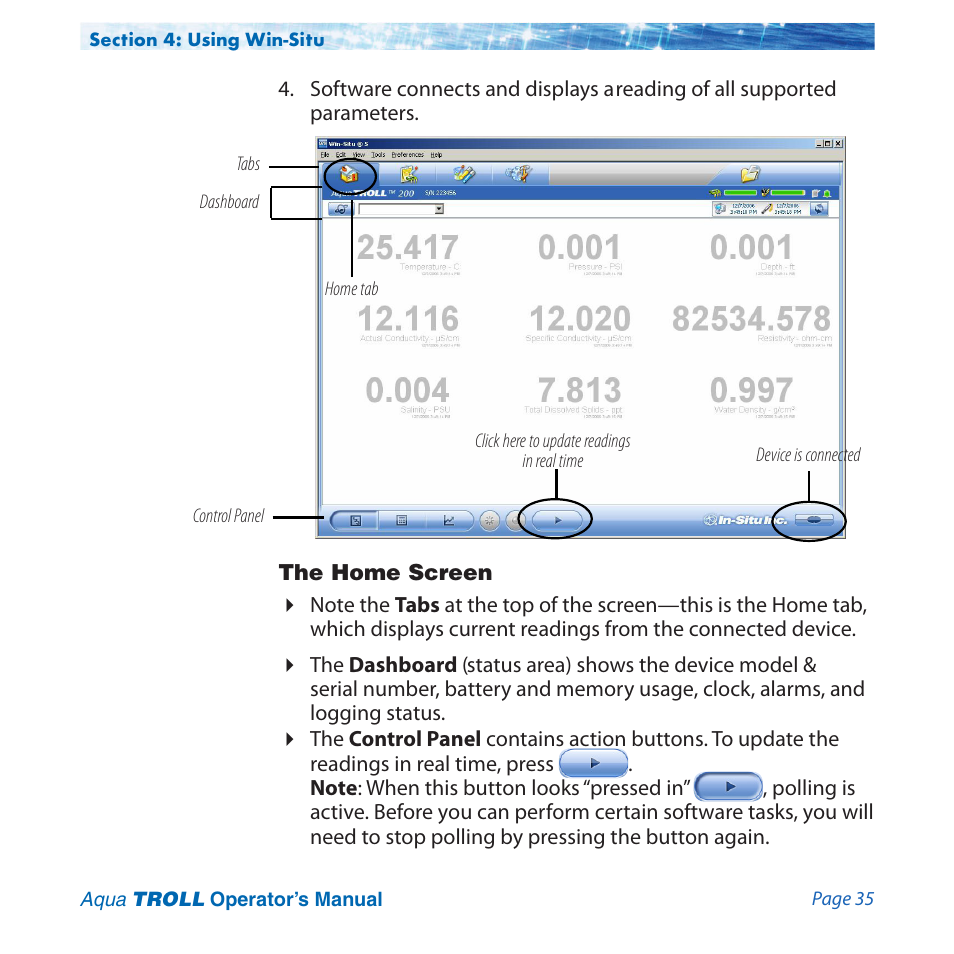 The home screen | In-Situ Aqua TROLL 100 and 200 Operators Manual User Manual | Page 35 / 94