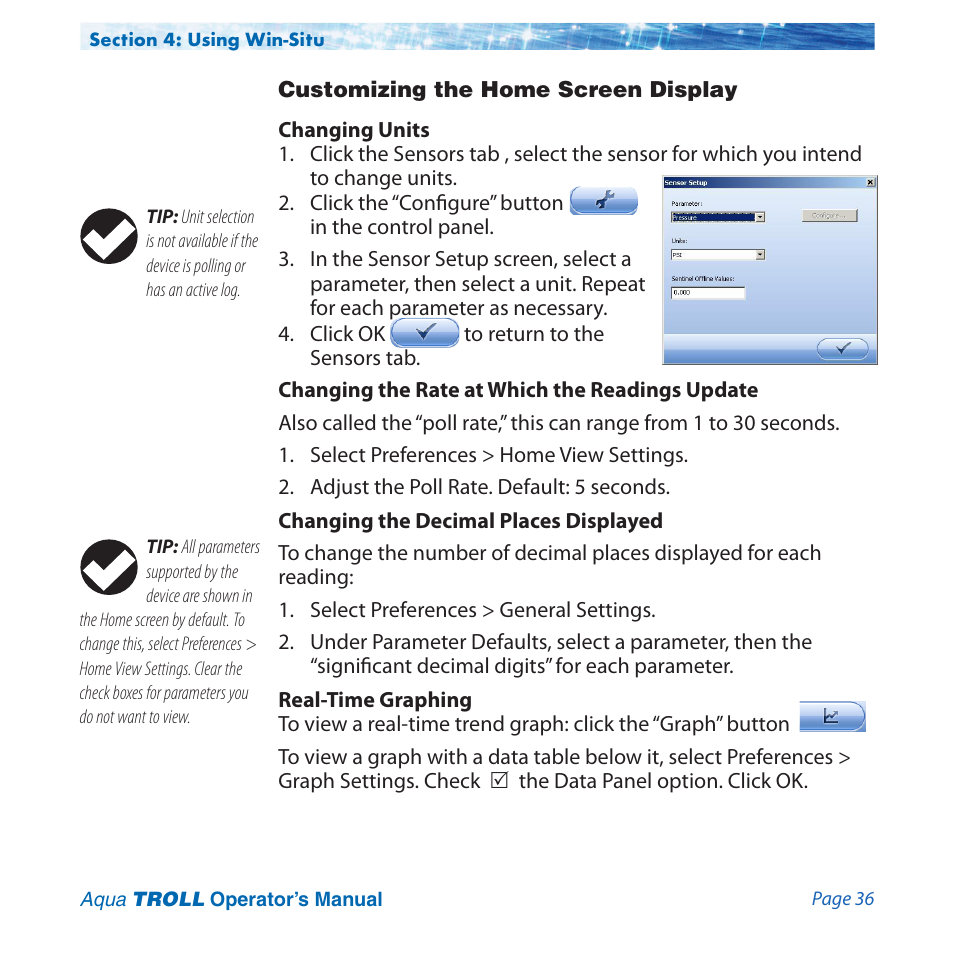 Customizing the home screen display | In-Situ Aqua TROLL 100 and 200 Operators Manual User Manual | Page 36 / 94