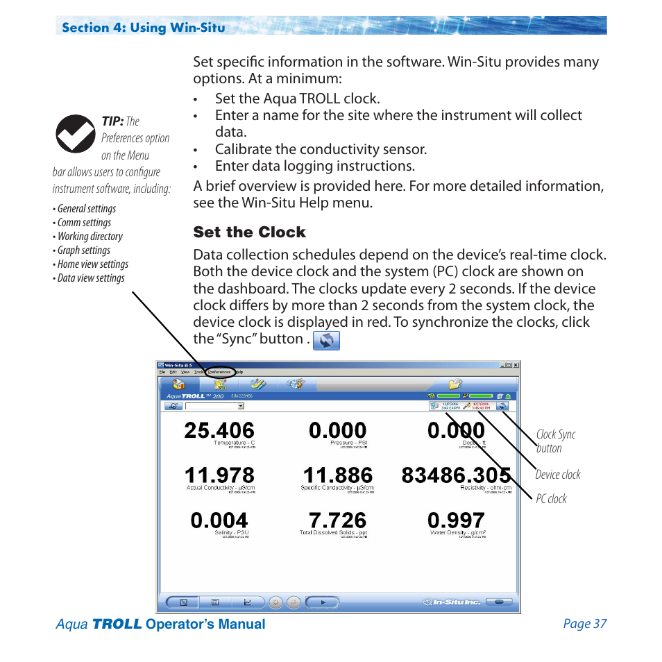 Set the clock | In-Situ Aqua TROLL 100 and 200 Operators Manual User Manual | Page 37 / 94