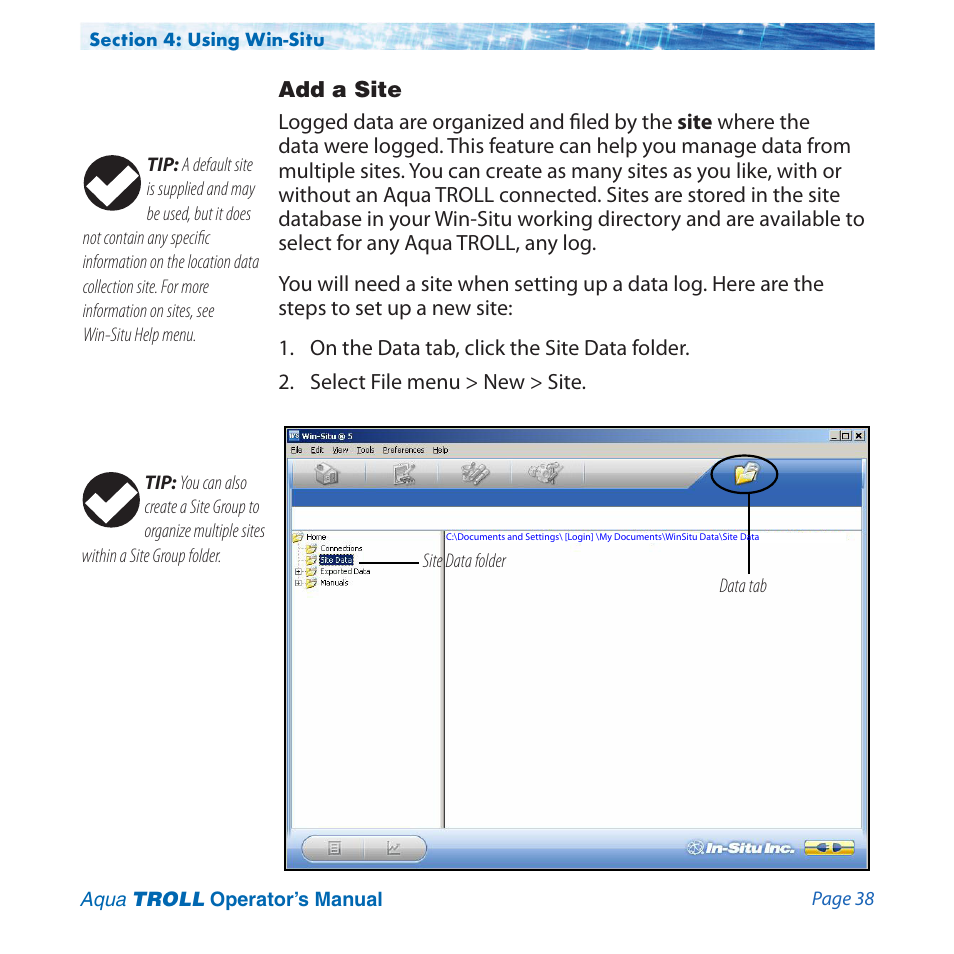 Add a site | In-Situ Aqua TROLL 100 and 200 Operators Manual User Manual | Page 38 / 94