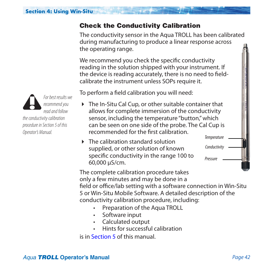 Check the conductivity calibration | In-Situ Aqua TROLL 100 and 200 Operators Manual User Manual | Page 42 / 94