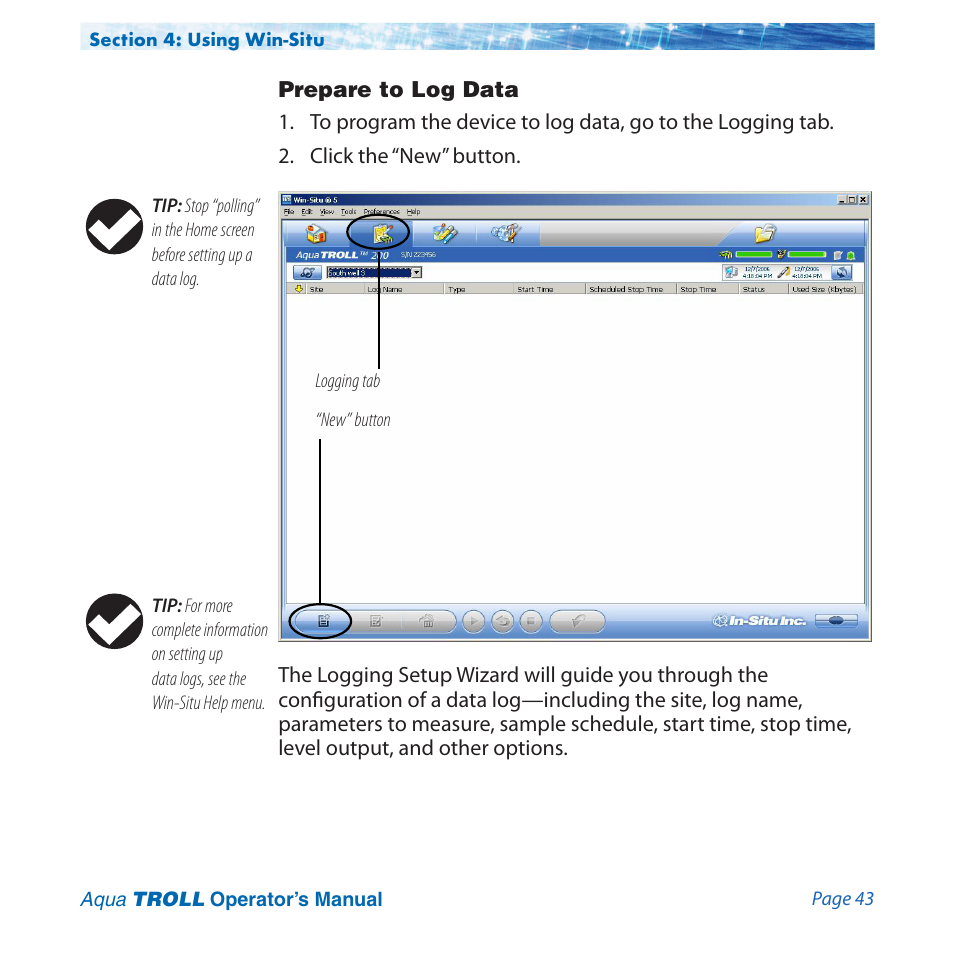 Prepare to log data | In-Situ Aqua TROLL 100 and 200 Operators Manual User Manual | Page 43 / 94