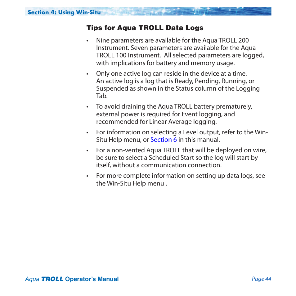 Tips for aqua troll data logs | In-Situ Aqua TROLL 100 and 200 Operators Manual User Manual | Page 44 / 94