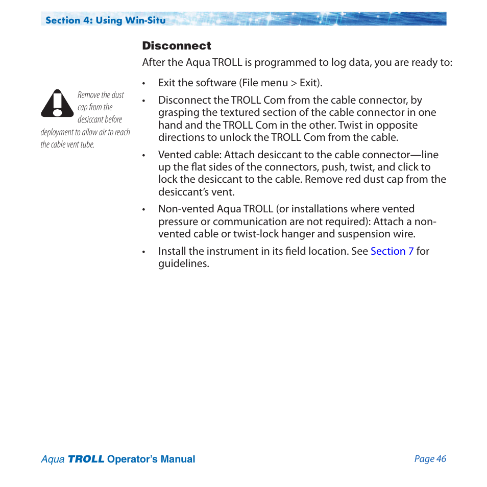 Disconnect | In-Situ Aqua TROLL 100 and 200 Operators Manual User Manual | Page 46 / 94