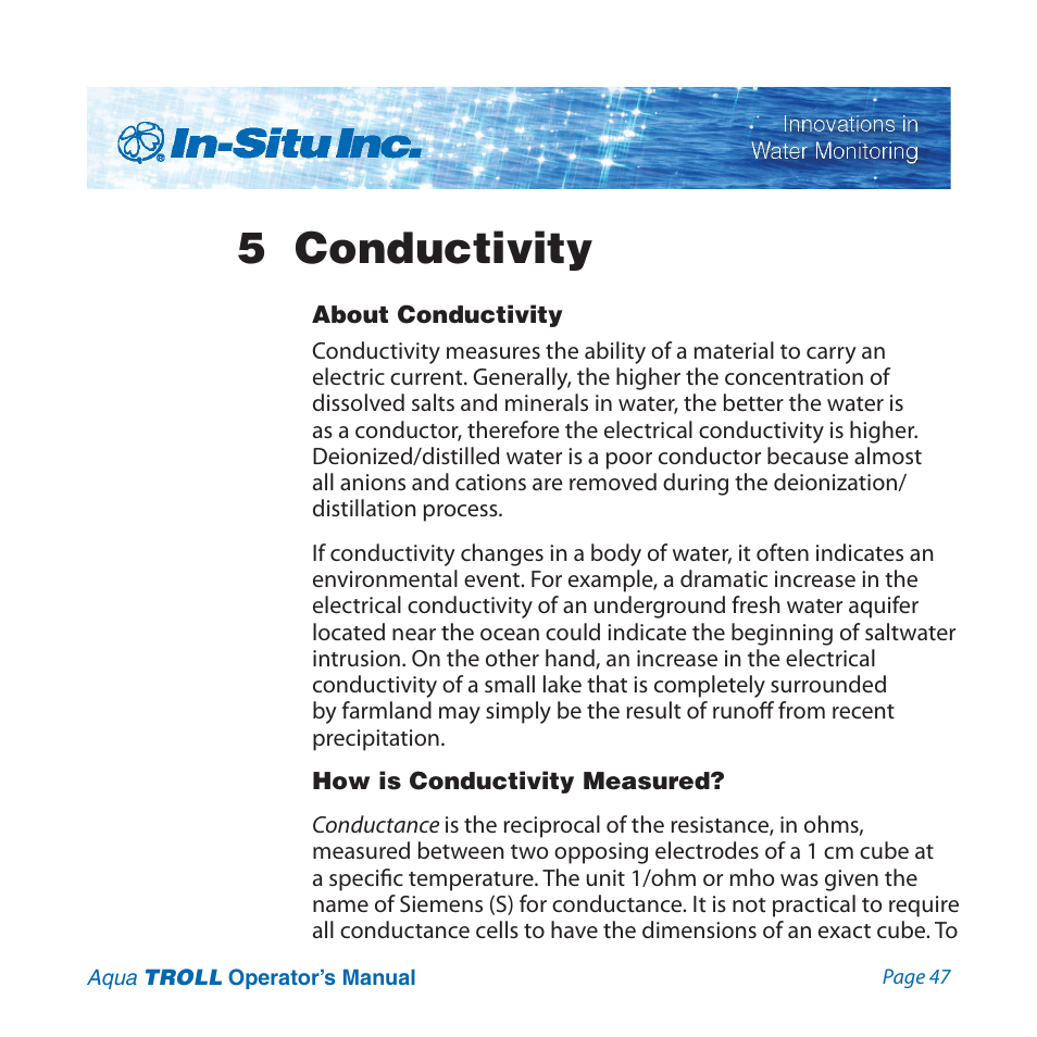 5 conductivity, About conductivity, How is conductivity measured | In-Situ Aqua TROLL 100 and 200 Operators Manual User Manual | Page 47 / 94