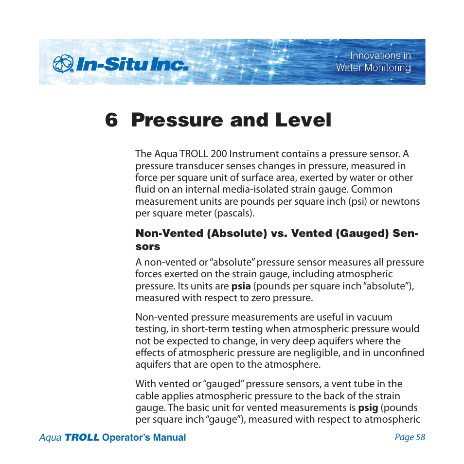6 pressure and level, Non-vented (absolute) vs. vented (gauged) sensors | In-Situ Aqua TROLL 100 and 200 Operators Manual User Manual | Page 58 / 94