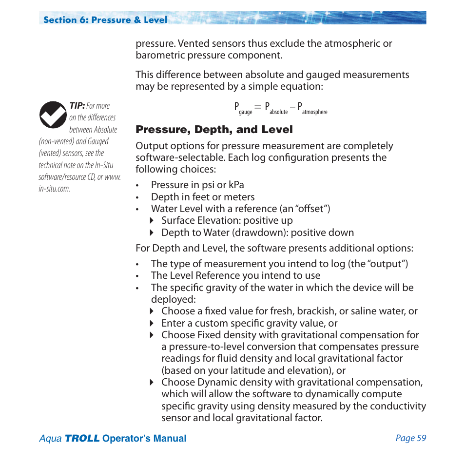 Pressure, depth, and level | In-Situ Aqua TROLL 100 and 200 Operators Manual User Manual | Page 59 / 94
