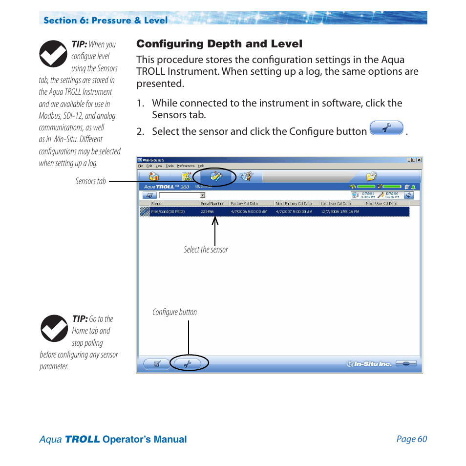 Configuring depth and level | In-Situ Aqua TROLL 100 and 200 Operators Manual User Manual | Page 60 / 94