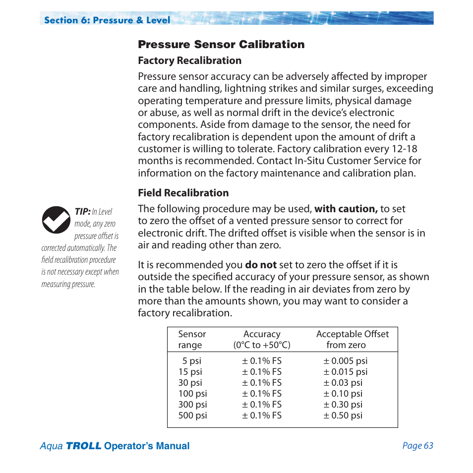 Pressure sensor calibration | In-Situ Aqua TROLL 100 and 200 Operators Manual User Manual | Page 63 / 94