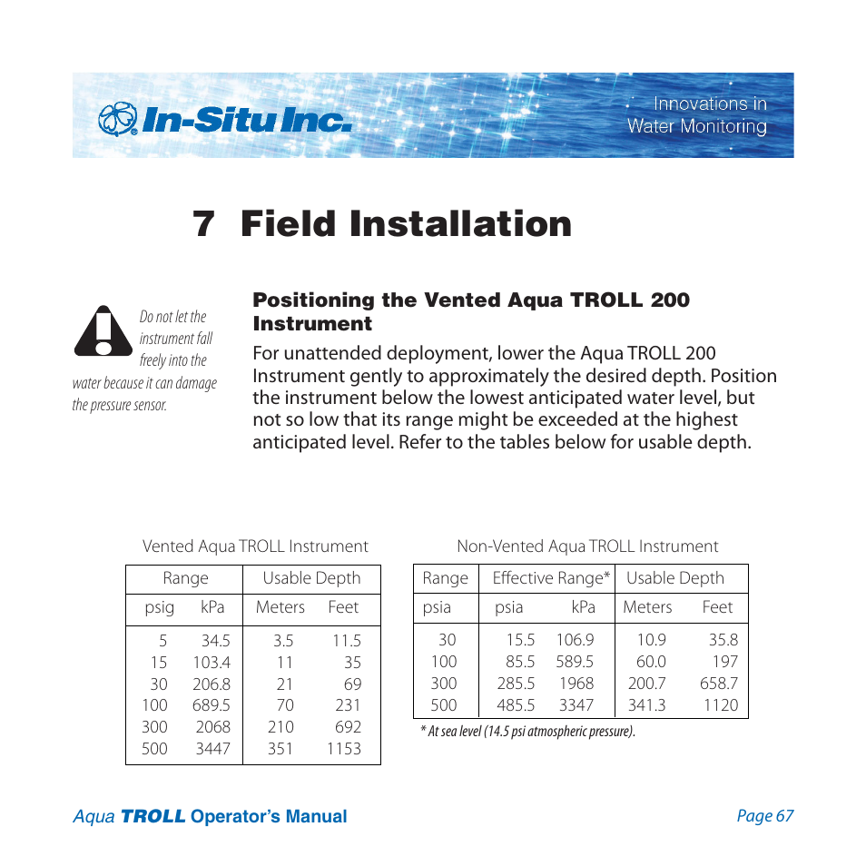 7 field installation, Positioning the vented aqua troll 200 instrument | In-Situ Aqua TROLL 100 and 200 Operators Manual User Manual | Page 67 / 94