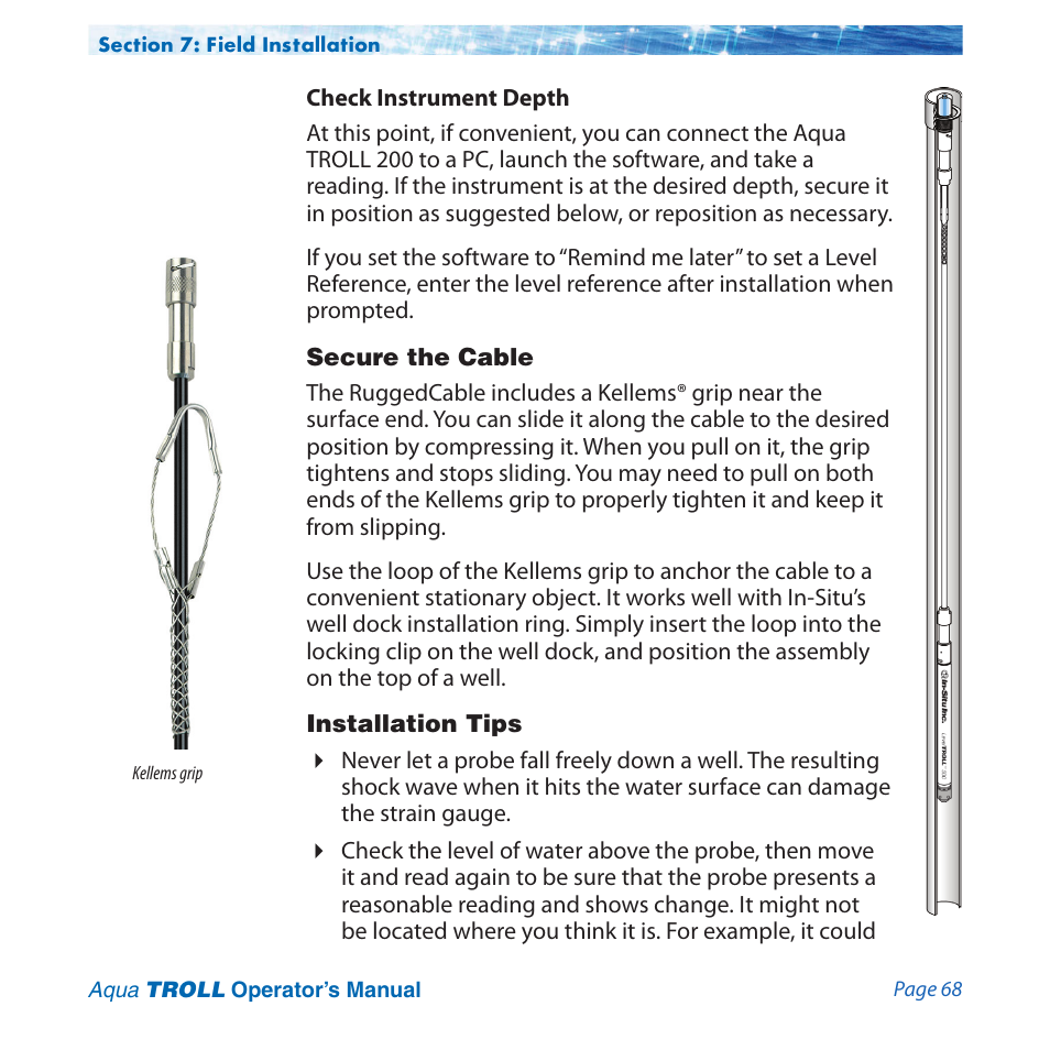 Secure the cable, Installation tips | In-Situ Aqua TROLL 100 and 200 Operators Manual User Manual | Page 68 / 94