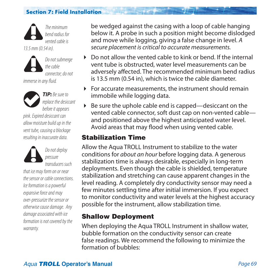 Stabilization time, Shallow deployment | In-Situ Aqua TROLL 100 and 200 Operators Manual User Manual | Page 69 / 94
