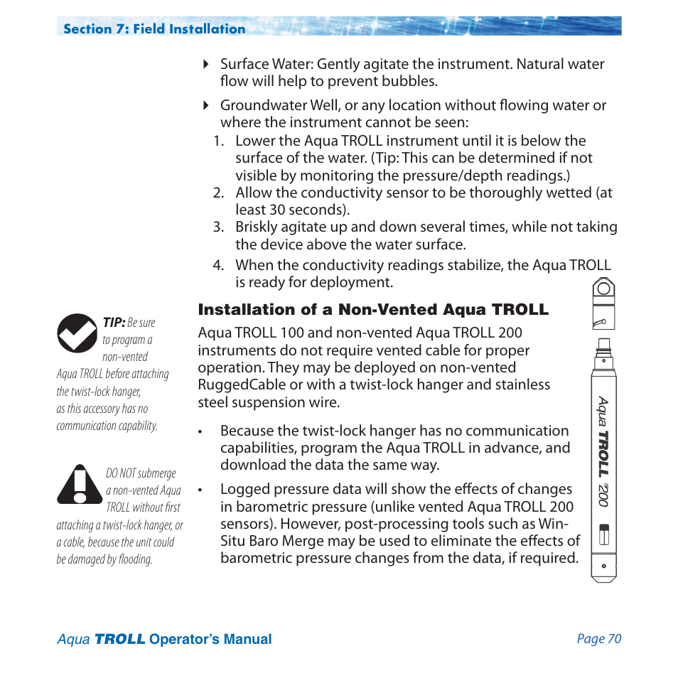 Installation of a non-vented aqua troll | In-Situ Aqua TROLL 100 and 200 Operators Manual User Manual | Page 70 / 94