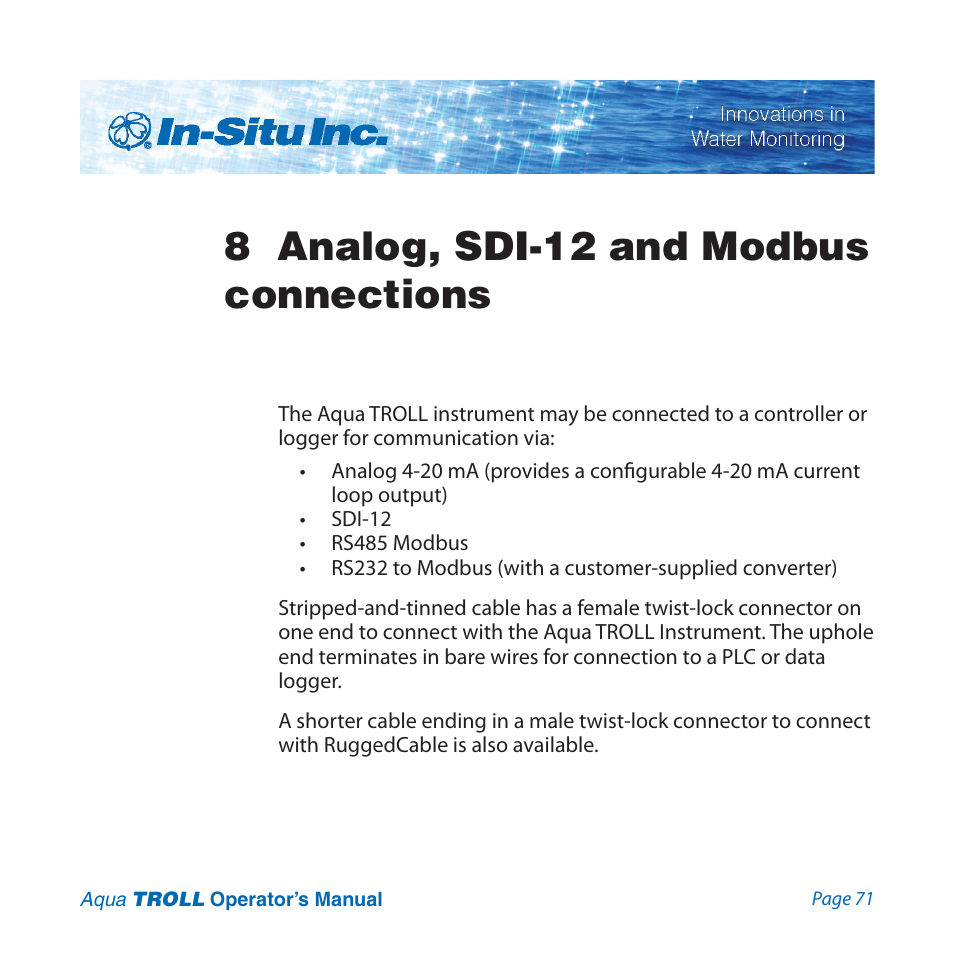 8 analog, sdi-12 and modbus connections | In-Situ Aqua TROLL 100 and 200 Operators Manual User Manual | Page 71 / 94