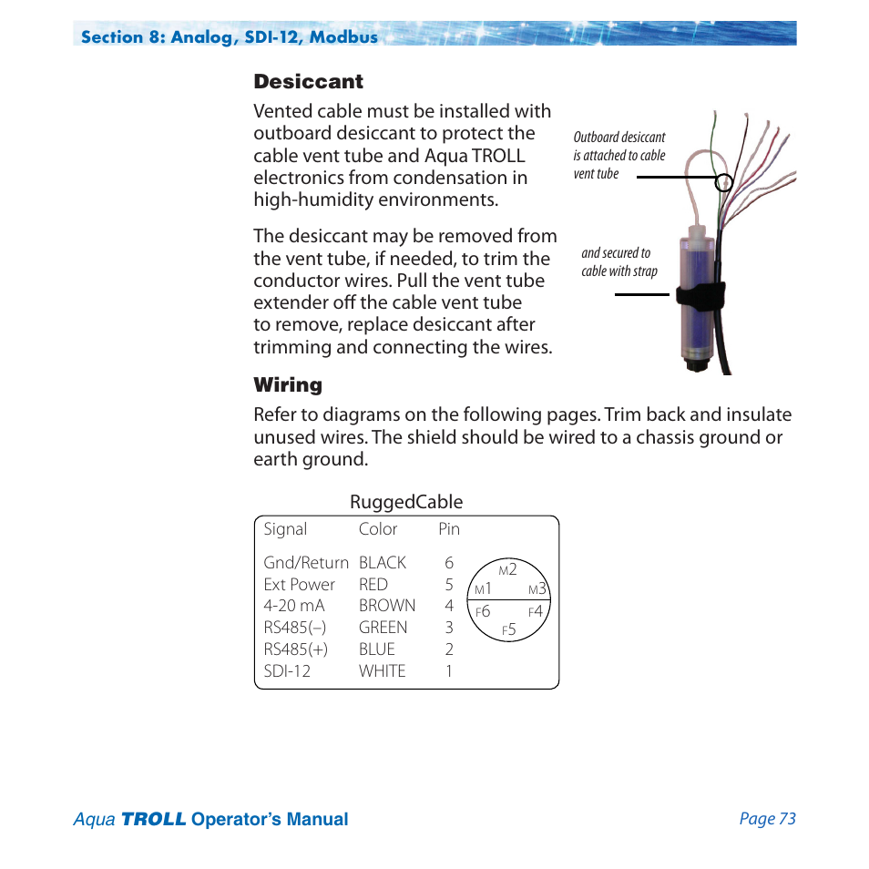 Desiccant, Wiring | In-Situ Aqua TROLL 100 and 200 Operators Manual User Manual | Page 73 / 94