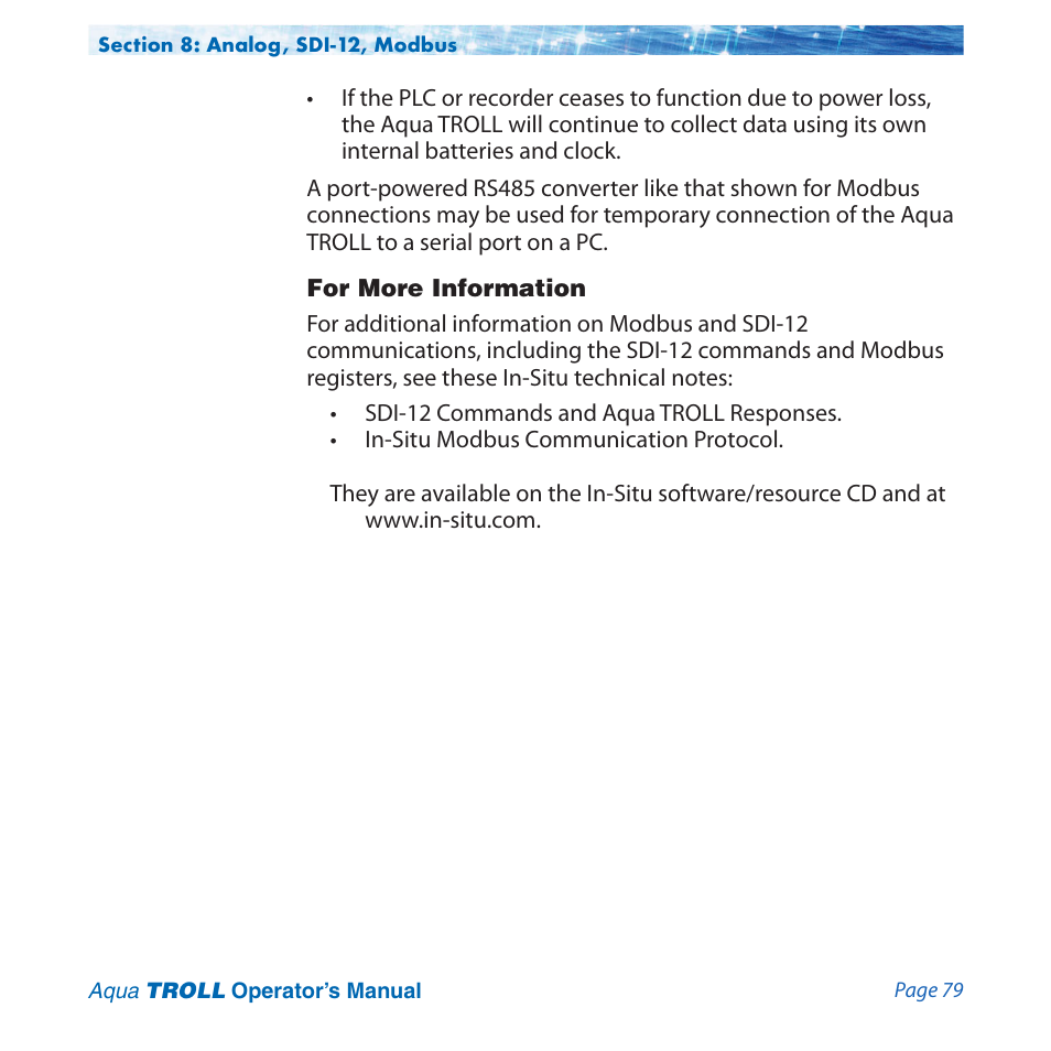 For more information | In-Situ Aqua TROLL 100 and 200 Operators Manual User Manual | Page 79 / 94