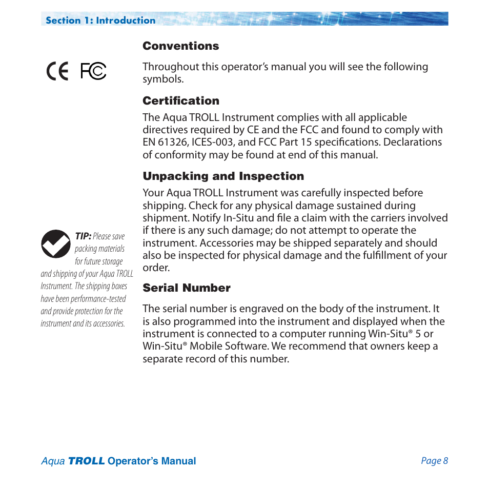 Conventions, Certification, Unpacking and inspection | Serial number | In-Situ Aqua TROLL 100 and 200 Operators Manual User Manual | Page 8 / 94