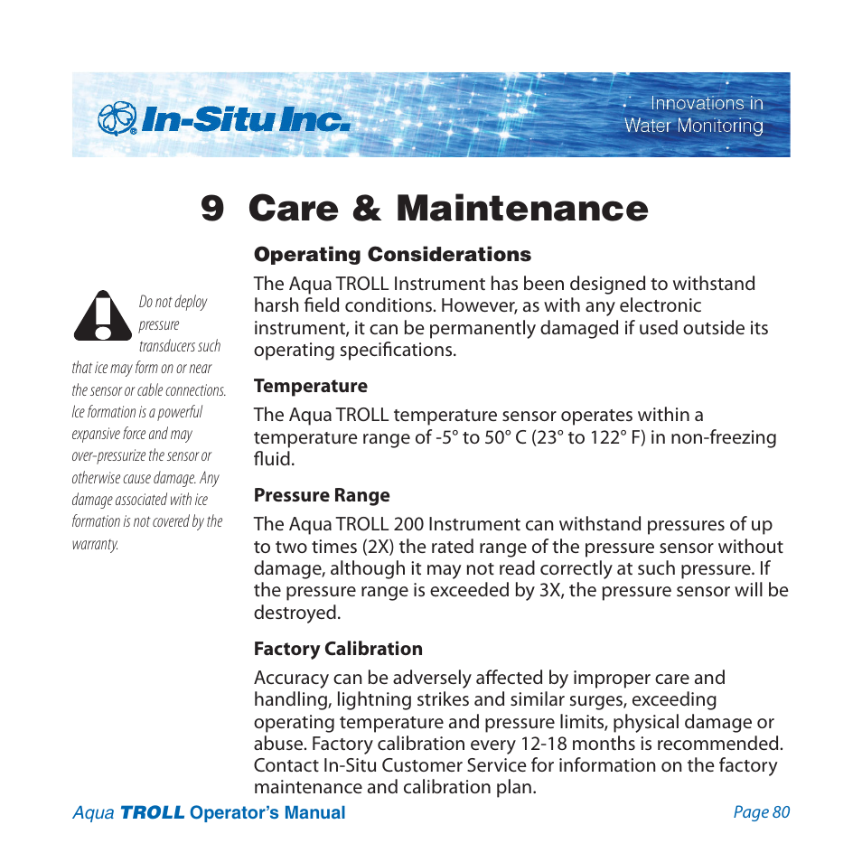 9 care & maintenance, Operating considerations | In-Situ Aqua TROLL 100 and 200 Operators Manual User Manual | Page 80 / 94