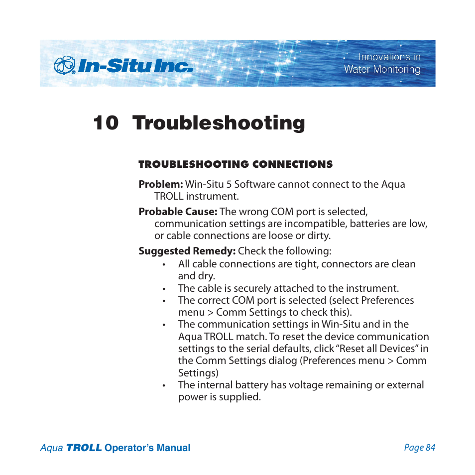 10 troubleshooting | In-Situ Aqua TROLL 100 and 200 Operators Manual User Manual | Page 84 / 94