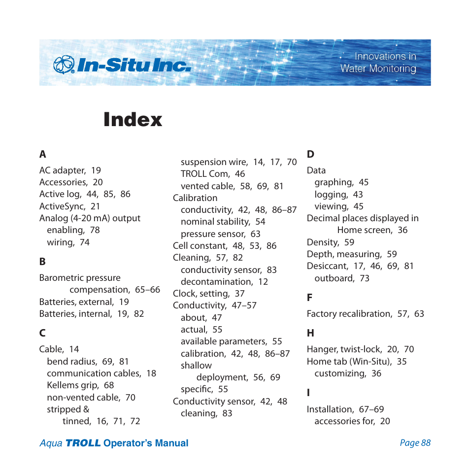 Index | In-Situ Aqua TROLL 100 and 200 Operators Manual User Manual | Page 88 / 94