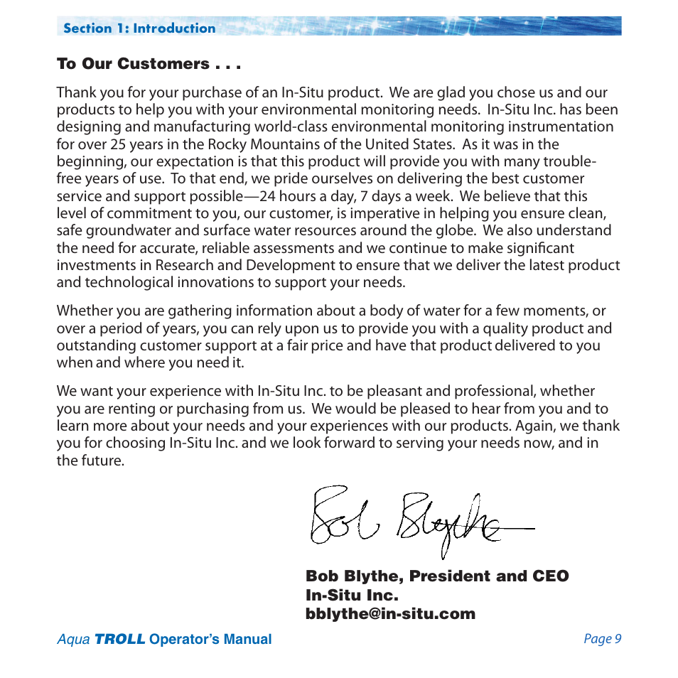 To our customers | In-Situ Aqua TROLL 100 and 200 Operators Manual User Manual | Page 9 / 94