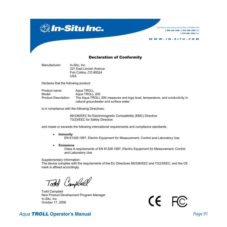 Declarations of conformity, Page 91 aqua troll operator’s manual | In-Situ Aqua TROLL 100 and 200 Operators Manual User Manual | Page 91 / 94