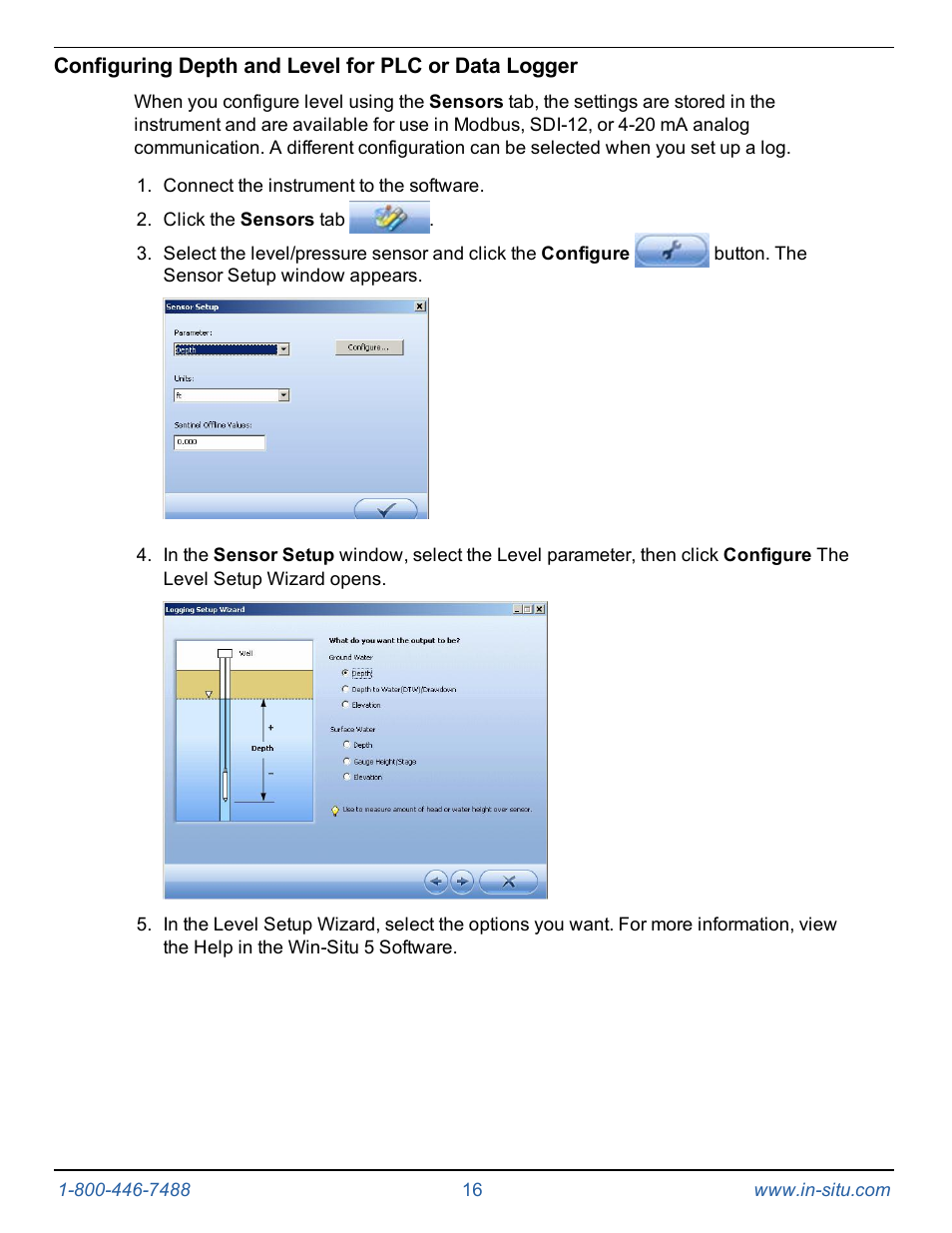 Configuring depth and level for plc or data logger | In-Situ Level TROLL 400/500/700/700H Operators Manual User Manual | Page 16 / 83