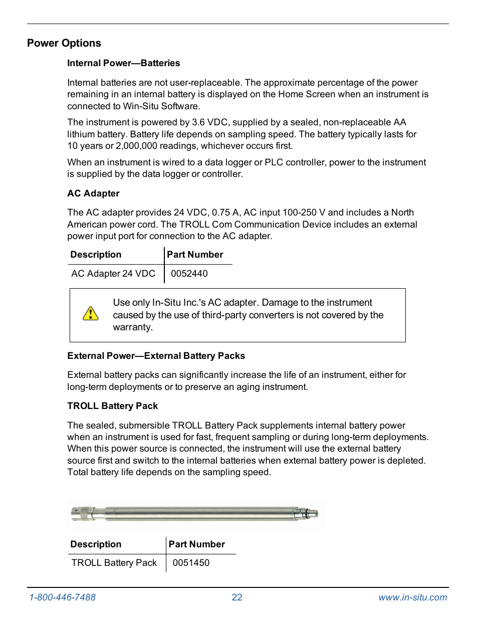 Power options, Internal power—batteries, Ac adapter | External power—external battery packs, Troll battery pack | In-Situ Level TROLL 400/500/700/700H Operators Manual User Manual | Page 22 / 83