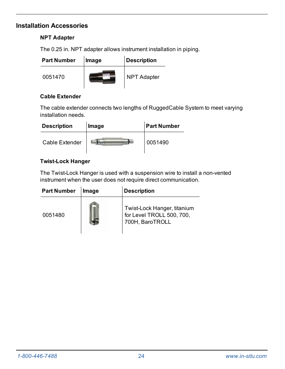 Installation accessories, Npt adapter, Cable extender | Twist-lock hanger | In-Situ Level TROLL 400/500/700/700H Operators Manual User Manual | Page 24 / 83