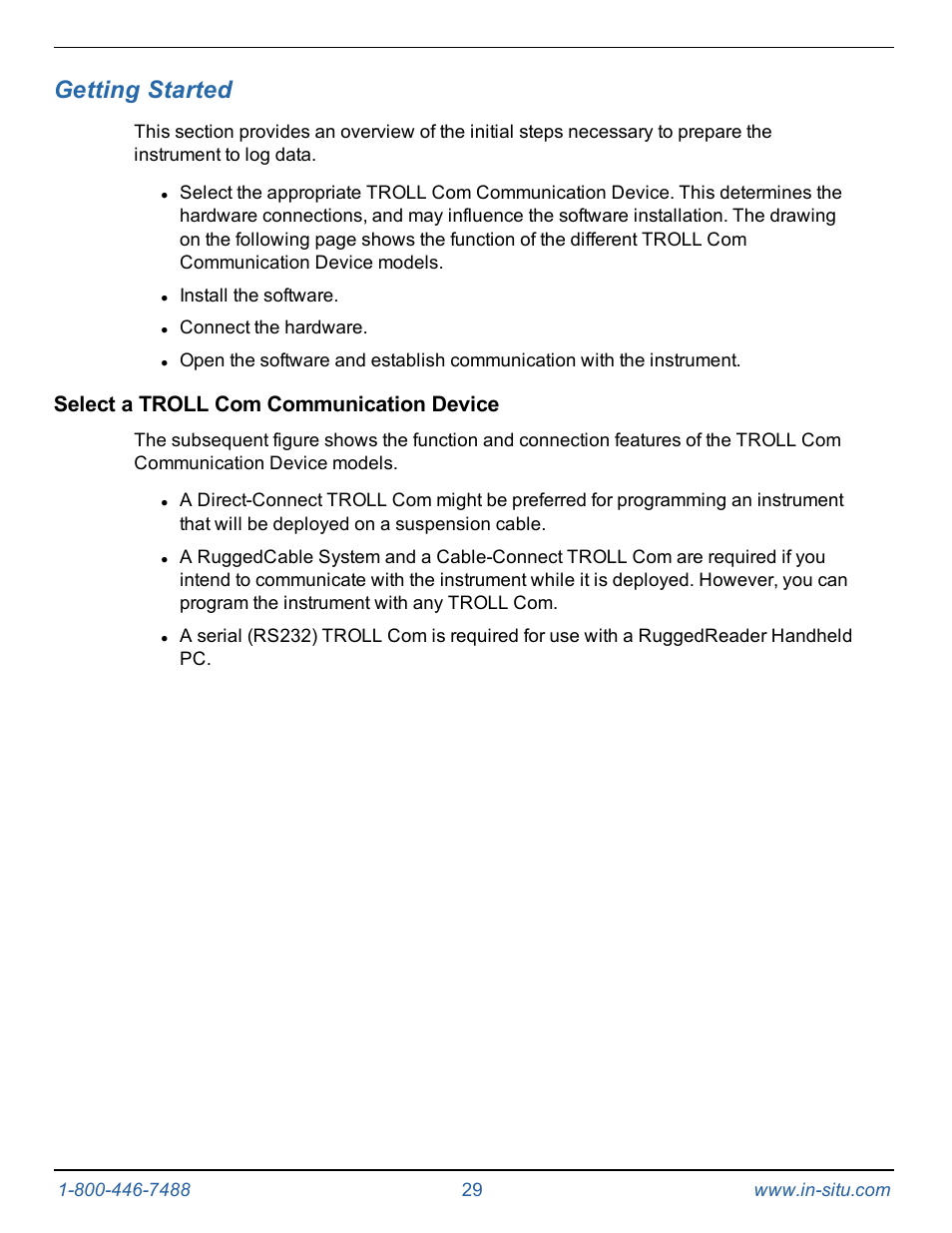 5 getting started, Select a troll com communication device, Getting started | In-Situ Level TROLL 400/500/700/700H Operators Manual User Manual | Page 29 / 83