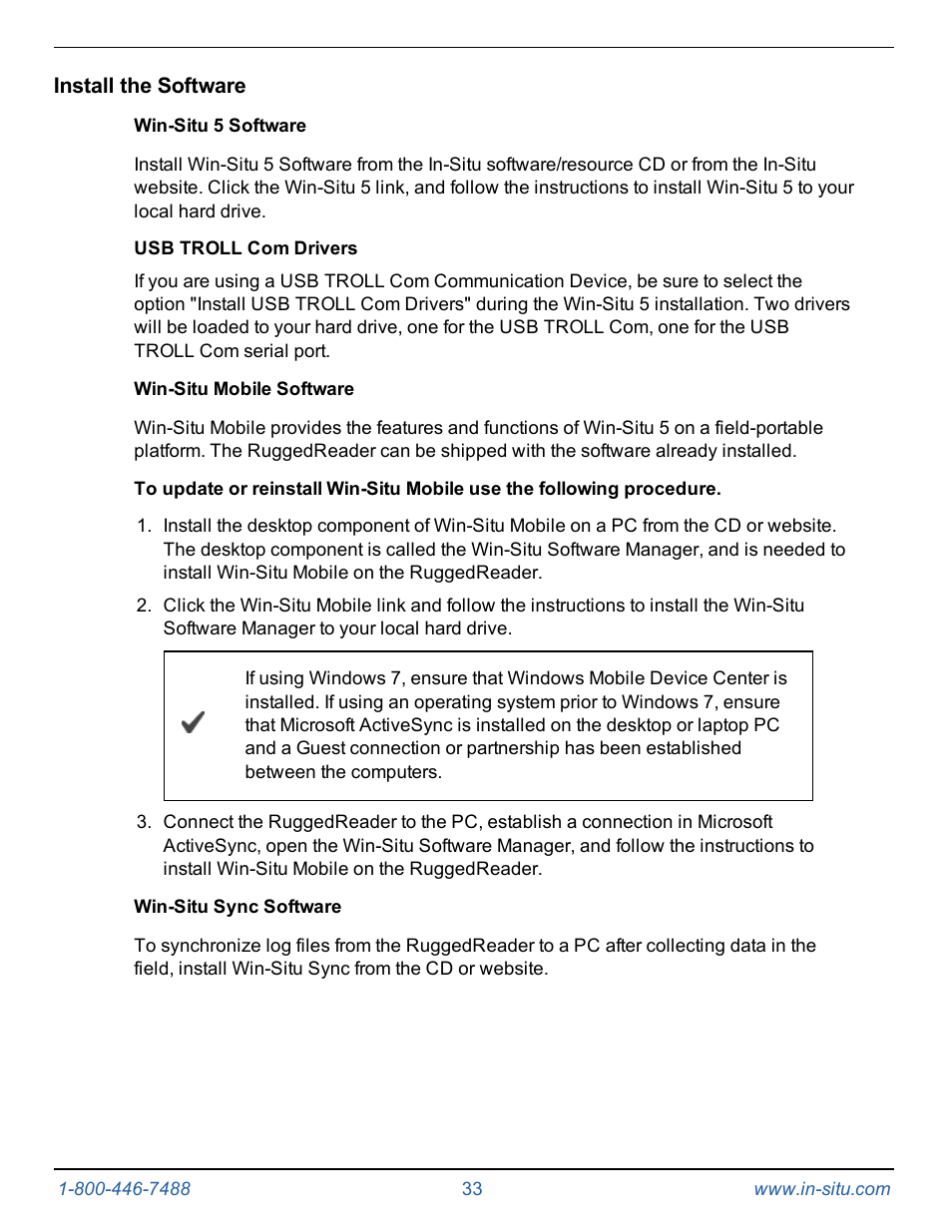 Install the software, Win-situ 5 software, Win-situ mobile software | Win-situ sync software | In-Situ Level TROLL 400/500/700/700H Operators Manual User Manual | Page 33 / 83