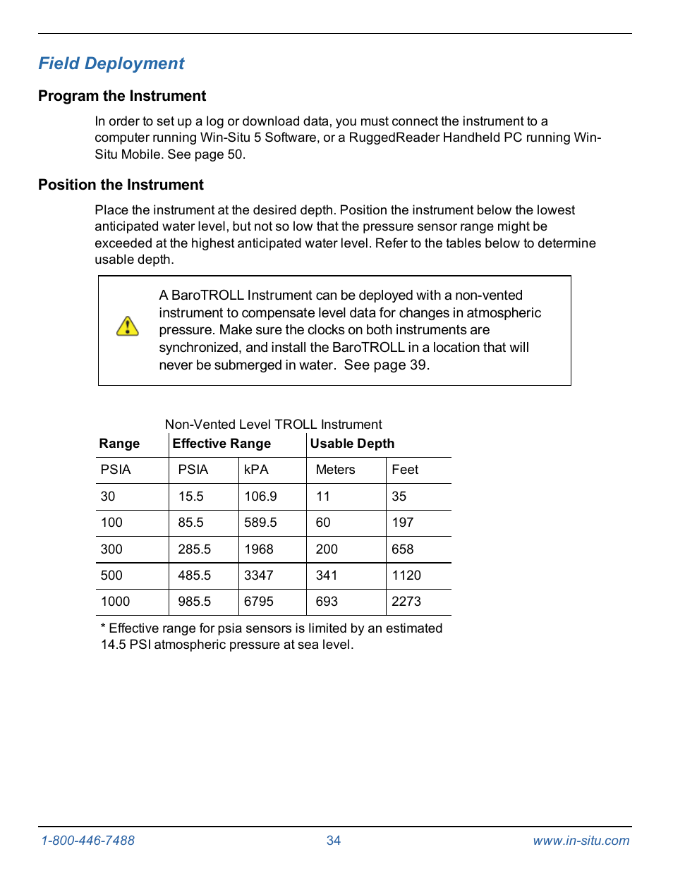 6 field deployment, Program the instrument, Position the instrument | Field deployment | In-Situ Level TROLL 400/500/700/700H Operators Manual User Manual | Page 34 / 83