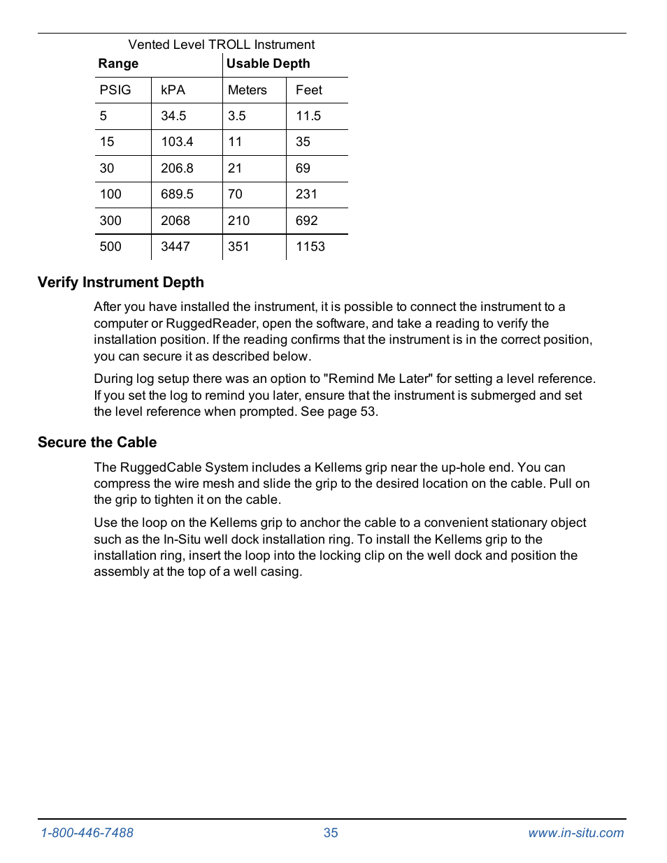 Verify instrument depth, Secure the cable | In-Situ Level TROLL 400/500/700/700H Operators Manual User Manual | Page 35 / 83
