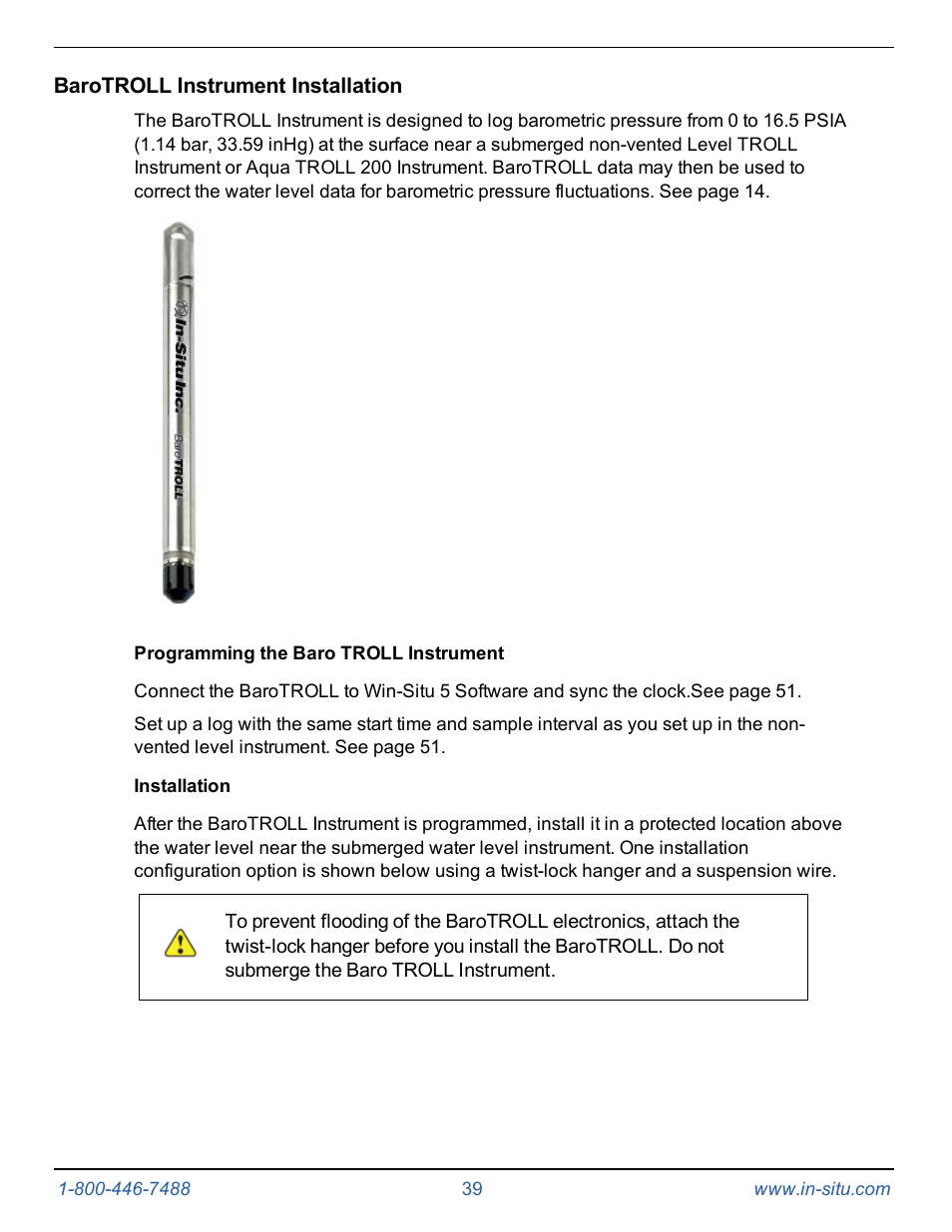 Barotroll instrument installation, Programming the baro troll instrument, Installation | In-Situ Level TROLL 400/500/700/700H Operators Manual User Manual | Page 39 / 83