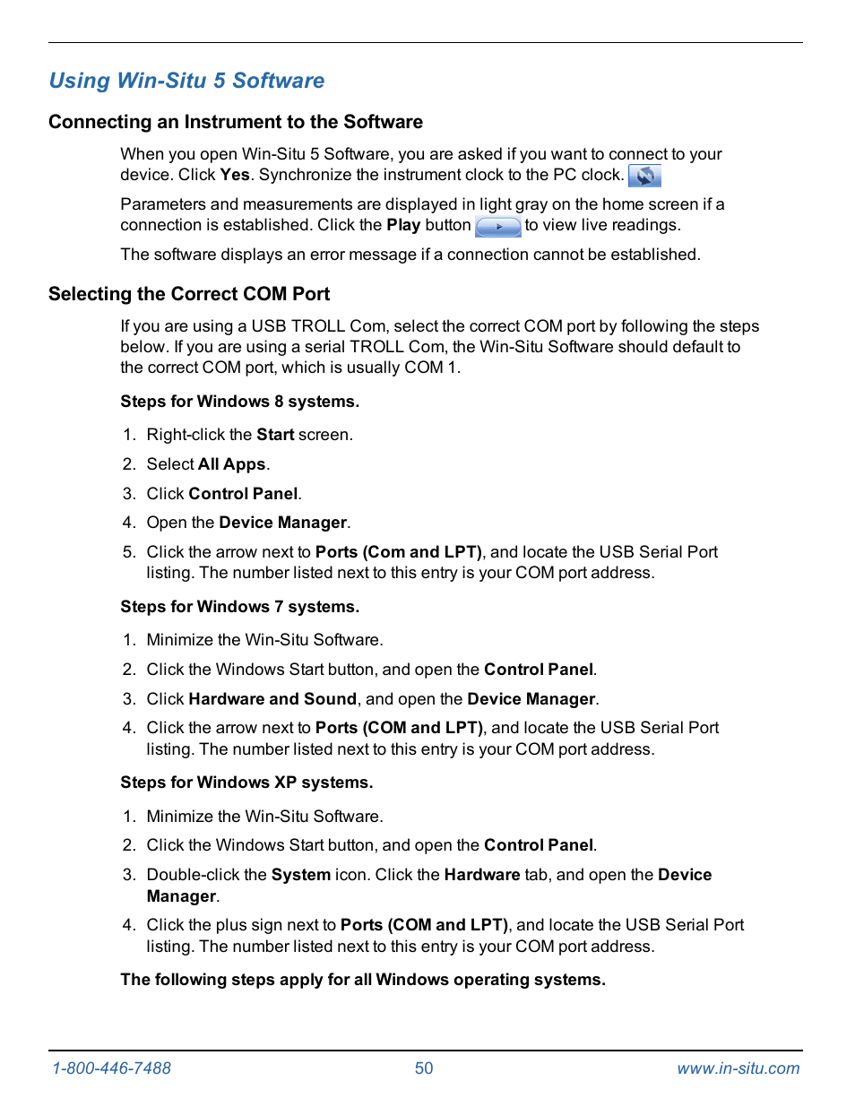 8 using win-situ 5 software, Connecting an instrument to the software, Selecting the correct com port | Using win-situ 5 software | In-Situ Level TROLL 400/500/700/700H Operators Manual User Manual | Page 50 / 83