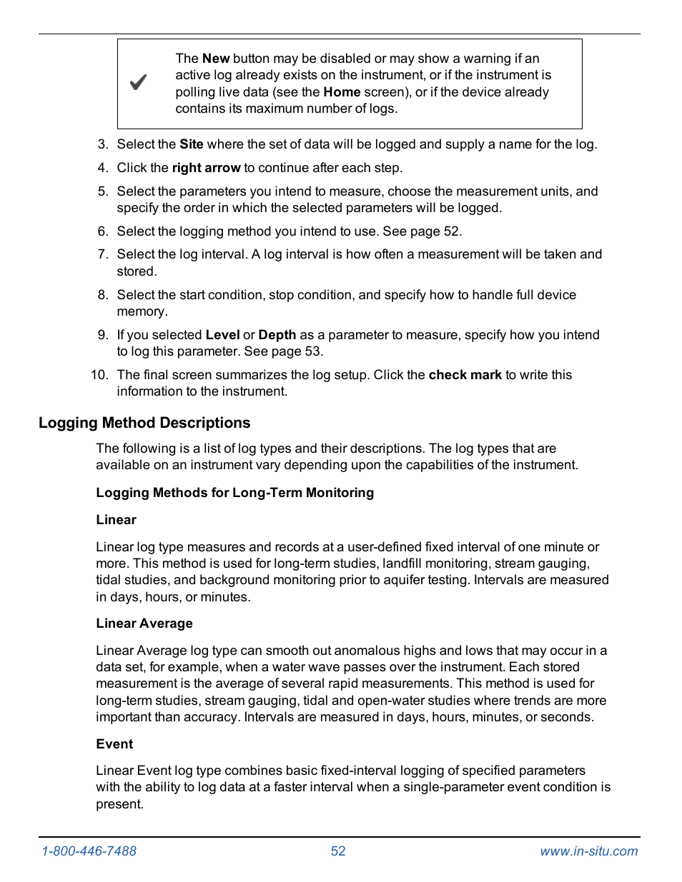 Logging method descriptions, Logging methods for long-term monitoring, Linear | Linear average, Event | In-Situ Level TROLL 400/500/700/700H Operators Manual User Manual | Page 52 / 83